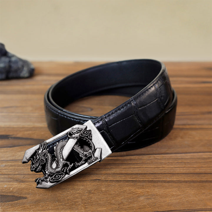 Cintura in pelle con fibbia automatica fai da te con lettera Z drago da uomo - Argento antico - Cintura con motivo coccodrillo nero (40) - image 10