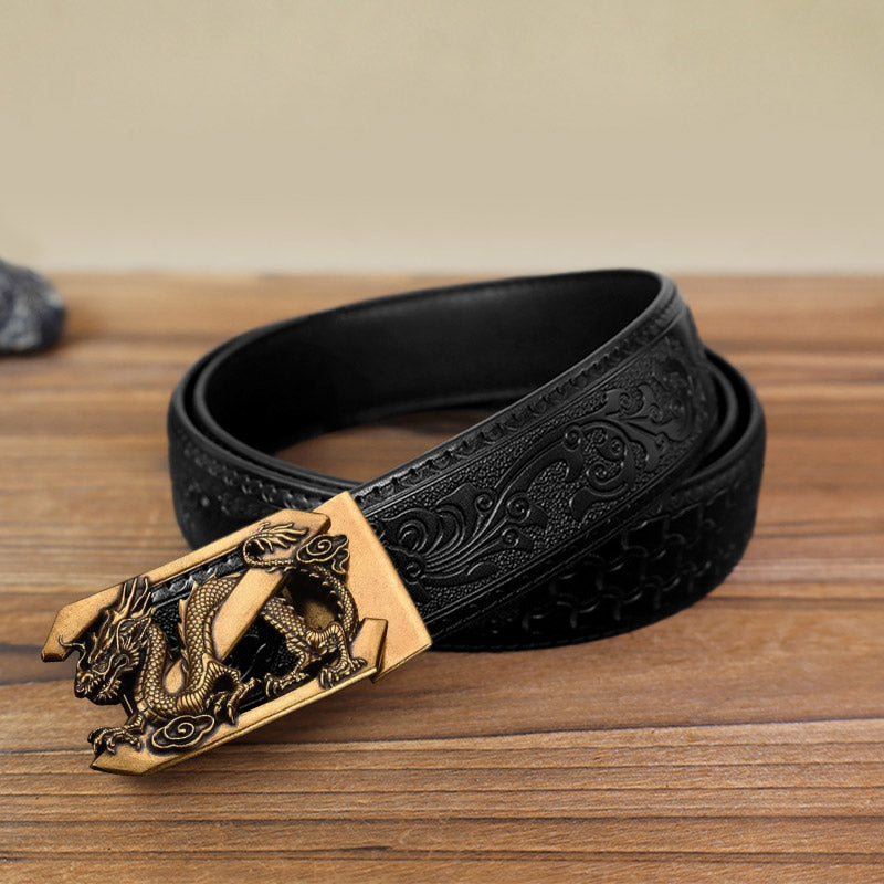 Cintura in pelle con fibbia automatica fai da te con lettera Z drago da uomo - Oro antico - Cintura nera con motivo intagliato (40) - image 4
