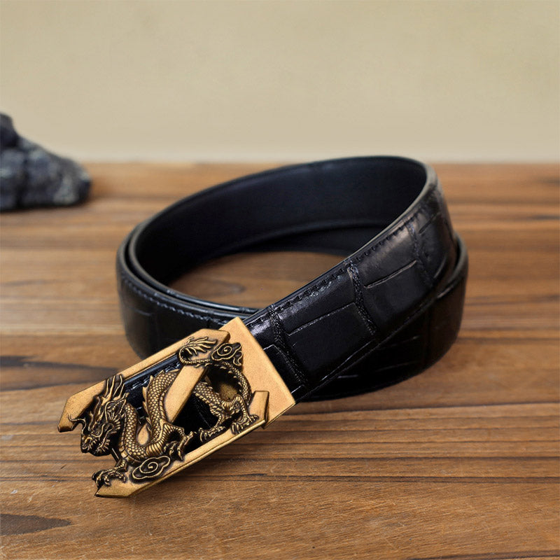 Cintura in pelle con fibbia automatica fai da te con lettera Z drago da uomo - Oro antico - Cintura con motivo coccodrillo nero (40) - image 1