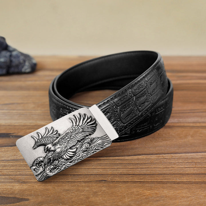 Cintura in pelle con fibbia automatica fai da te Eagle Spread Wings da uomo - Argento antico - Cintura con motivo serpente nero (40) - image 3