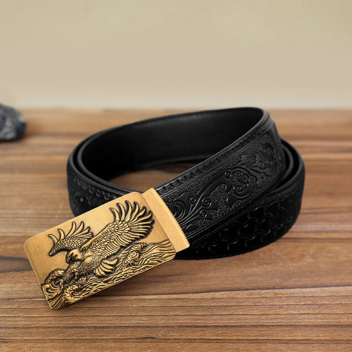 Cintura in pelle con fibbia automatica fai da te Eagle Spread Wings da uomo - Oro antico - Cintura nera con motivo intagliato (40) - image 13
