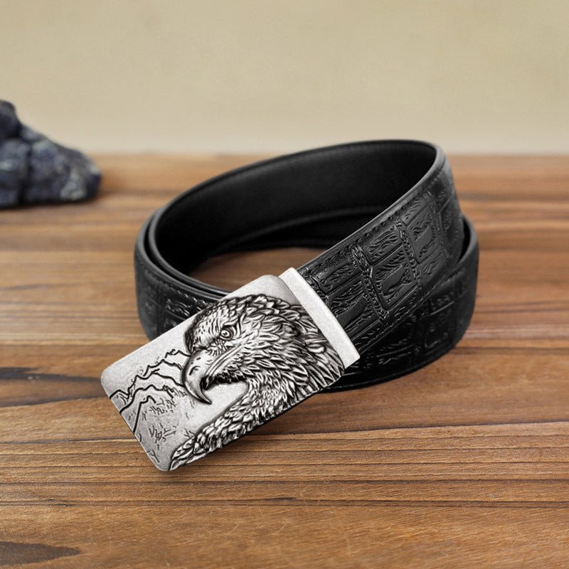 Cintura in pelle con fibbia automatica con testa d'aquila intagliata fai da te da uomo - Argento antico - Cintura con motivo serpente nero (40) - image 3