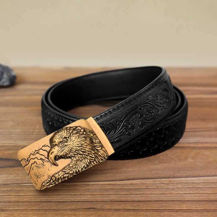 Cintura in pelle con fibbia automatica con testa d'aquila intagliata fai da te da uomo - Oro antico - Cintura nera con motivo intagliato (40) - image 13