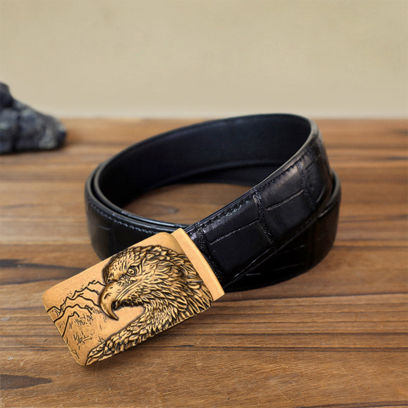 Cintura in pelle con fibbia automatica con testa d'aquila intagliata fai da te da uomo - Oro antico - Cintura con motivo coccodrillo nero (40) - image 10