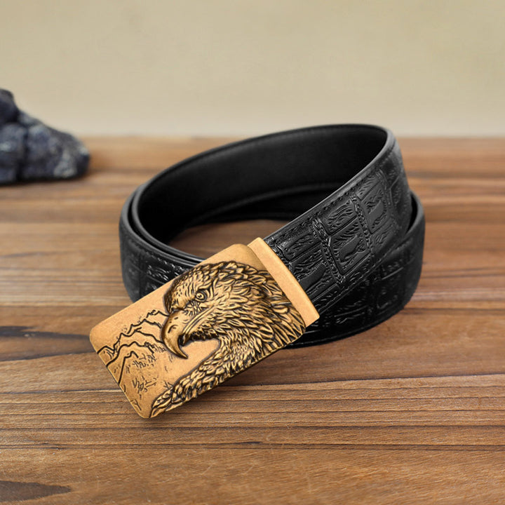 Cintura in pelle con fibbia automatica con testa d'aquila intagliata fai da te da uomo - Oro antico - Cintura con motivo serpente nero (40) - image 12