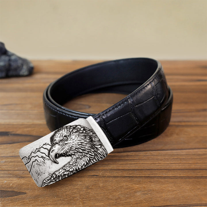 Cintura in pelle con fibbia automatica con testa d'aquila intagliata fai da te da uomo - Argento antico - Cintura con motivo coccodrillo nero (40) - image 1