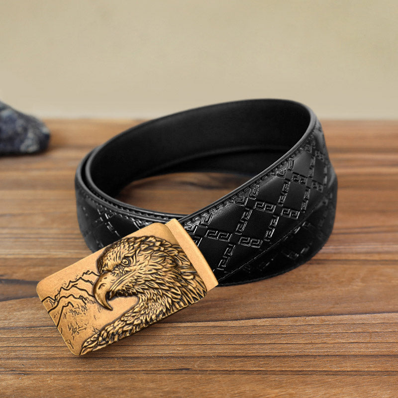 Cintura in pelle con fibbia automatica con testa d'aquila intagliata fai da te da uomo - Oro antico - Cintura modello diamante nero (40) - image 11