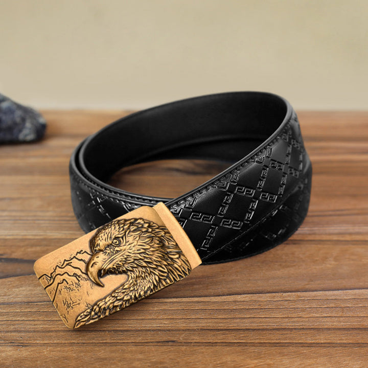 Cintura in pelle con fibbia automatica con testa d'aquila intagliata fai da te da uomo - Oro antico - Cintura modello diamante nero (40) - image 11