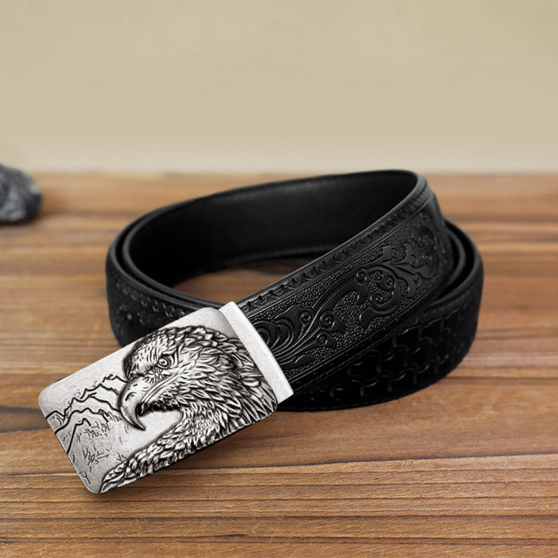 Cintura in pelle con fibbia automatica con testa d'aquila intagliata fai da te da uomo - Argento antico - Cintura nera con motivo intagliato (40) - image 4