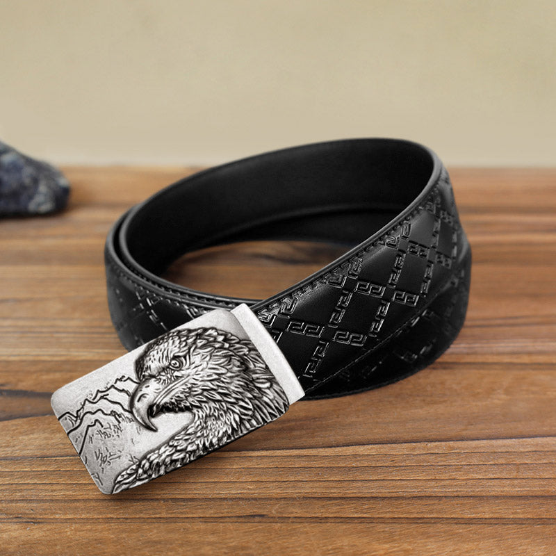Cintura in pelle con fibbia automatica con testa d'aquila intagliata fai da te da uomo - Argento antico - Cintura modello diamante nero (40) - image 2
