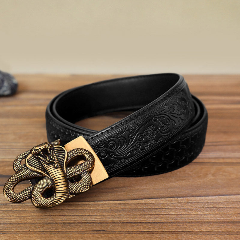 Cintura in pelle con fibbia automatica a forma di serpente misterioso fai da te da uomo - Oro antico - Cintura nera con motivo intagliato (40) - image 13