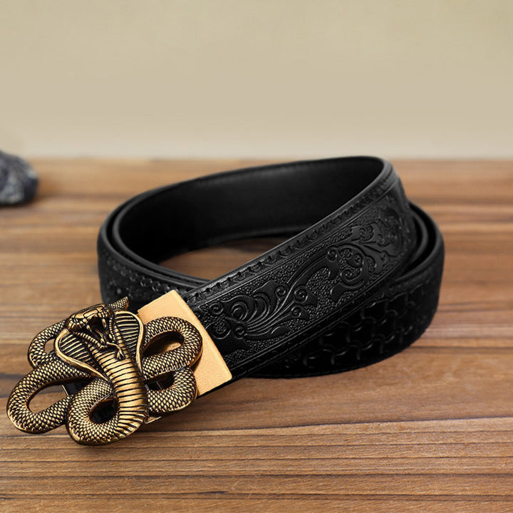 Cintura in pelle con fibbia automatica a forma di serpente misterioso fai da te da uomo - Oro antico - Cintura nera con motivo intagliato (40) - image 13