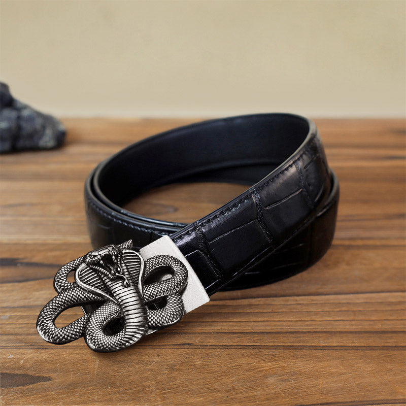 Cintura in pelle con fibbia automatica a forma di serpente misterioso fai da te da uomo - Argento antico - Cintura con motivo coccodrillo nero (40) - image 1