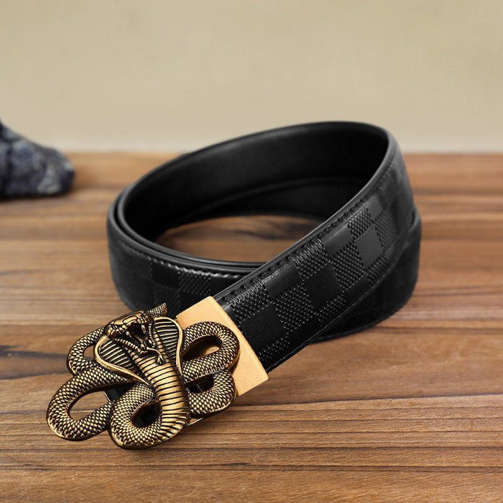 Cintura in pelle con fibbia automatica a forma di serpente misterioso fai da te da uomo - Oro antico - Cintura con motivo a quadri neri (40) - image 14