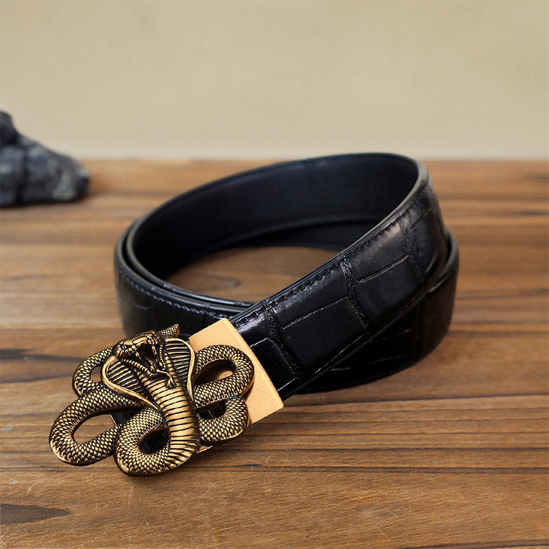 Cintura in pelle con fibbia automatica a forma di serpente misterioso fai da te da uomo - Oro antico - Cintura con motivo coccodrillo nero (40) - image 10