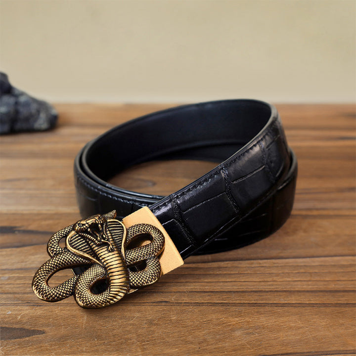 Cintura in pelle con fibbia automatica a forma di serpente misterioso fai da te da uomo - Oro antico - Cintura con motivo coccodrillo nero (40) - image 10