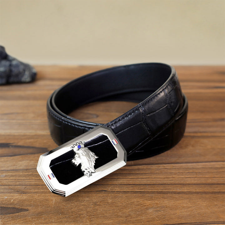 Cintura in pelle fai da te da uomo con fibbia automatica a forma di testa di leone - Argento - Cintura con motivo coccodrillo nero (40) - image 8