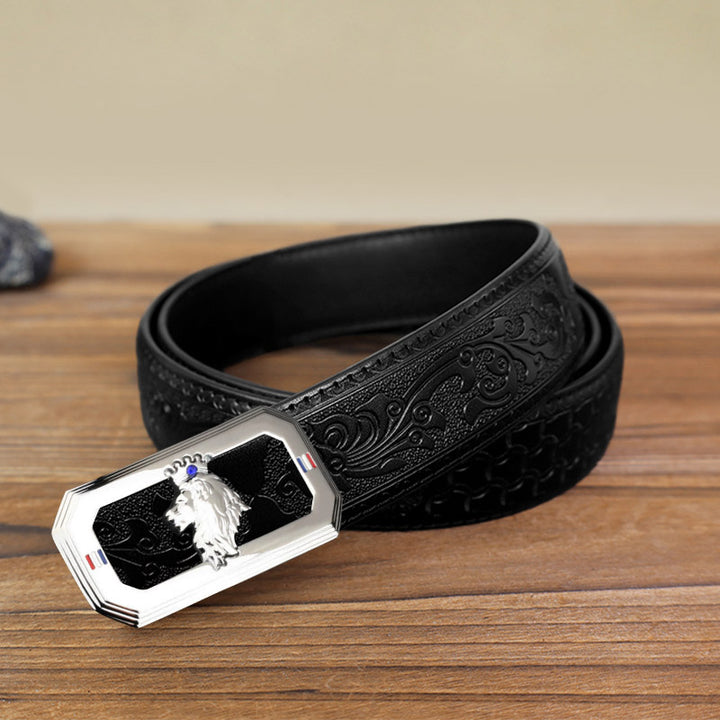 Cintura in pelle fai da te da uomo con fibbia automatica a forma di testa di leone - Argento - Cintura nera con motivo intagliato (40) - image 11