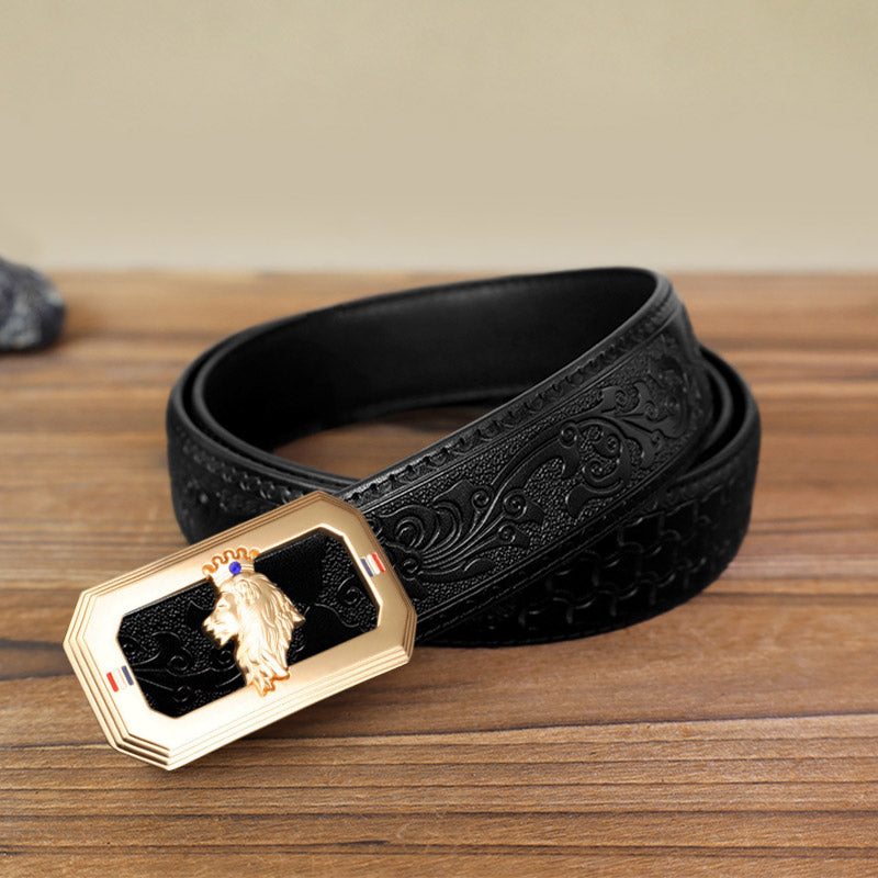 Cintura in pelle fai da te da uomo con fibbia automatica a forma di testa di leone - Oro - Cintura nera con motivo intagliato (40) - image 5