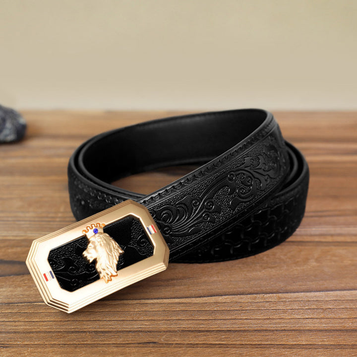 Cintura in pelle fai da te da uomo con fibbia automatica a forma di testa di leone - Oro - Cintura nera con motivo intagliato (40) - image 5