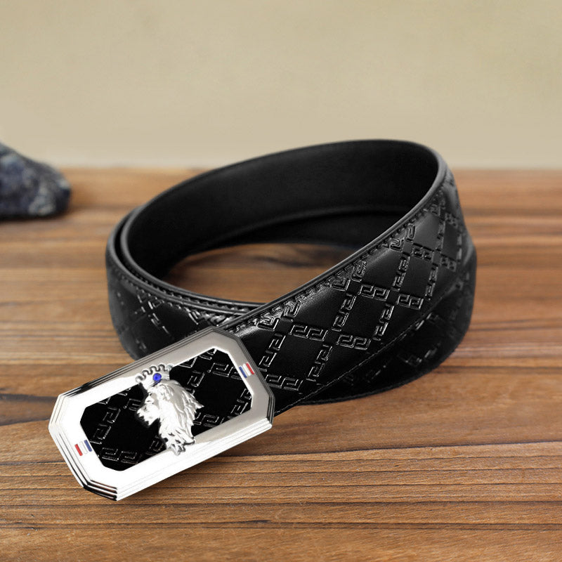 Cintura in pelle fai da te da uomo con fibbia automatica a forma di testa di leone - Argento - Cintura modello diamante nero (40) - image 9