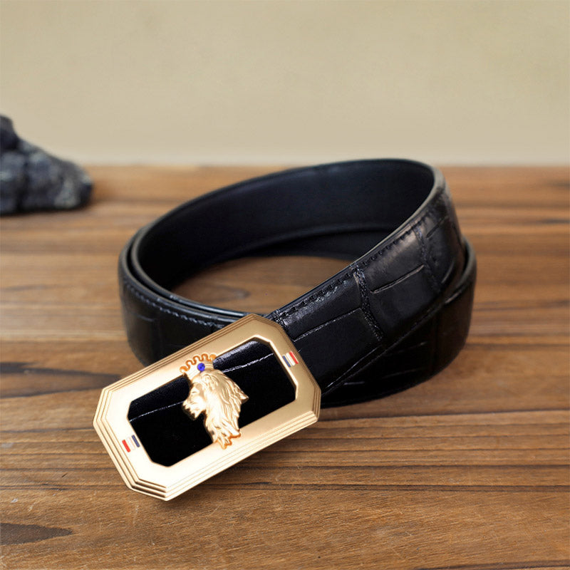 Cintura in pelle fai da te da uomo con fibbia automatica a forma di testa di leone - Oro - Cintura con motivo coccodrillo nero (40) - image 2
