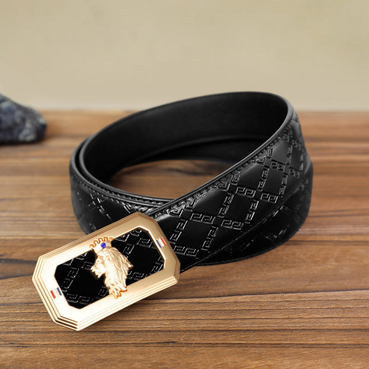 Cintura in pelle fai da te da uomo con fibbia automatica a forma di testa di leone - Oro - Cintura modello diamante nero (40) - image 3