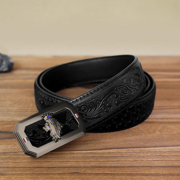 Cintura in pelle fai da te da uomo con fibbia automatica a forma di testa di leone - Grigio - Cintura nera con motivo intagliato (40) - image 17