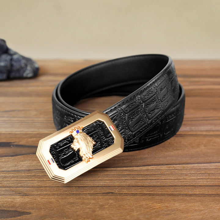 Cintura in pelle fai da te da uomo con fibbia automatica a forma di testa di leone - Oro - Cintura con motivo serpente nero (40) - image 4