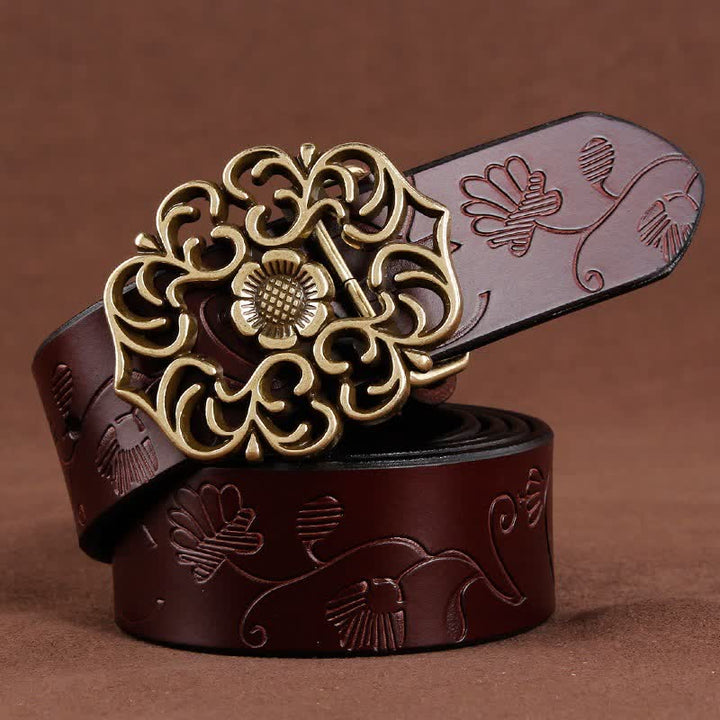 Cintura in pelle goffrata con fibbia cava a forma di fiore vintage da donna