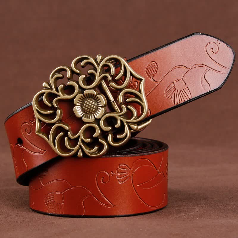 Cintura in pelle goffrata con fibbia cava a forma di fiore vintage da donna