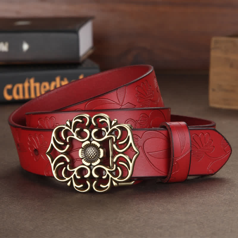 Cintura in pelle goffrata con fibbia cava a forma di fiore vintage da donna