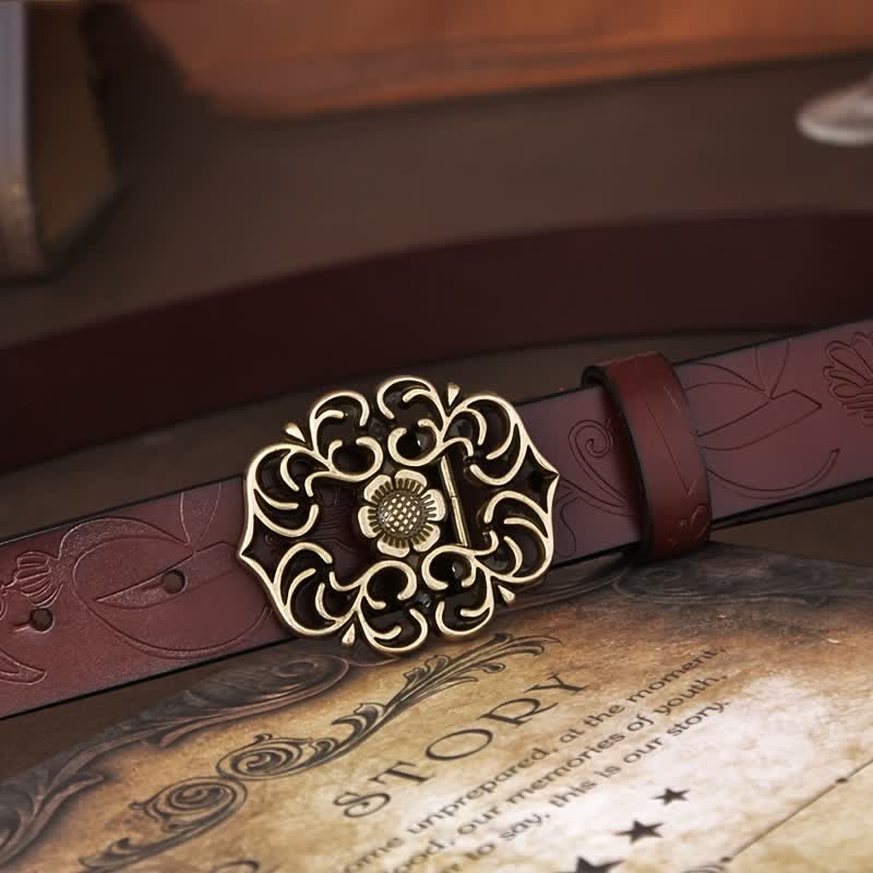 Cintura in pelle goffrata con fibbia cava a forma di fiore vintage da donna