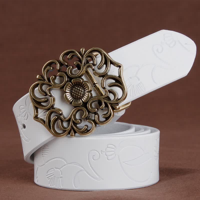 Cintura in pelle goffrata con fibbia cava a forma di fiore vintage da donna