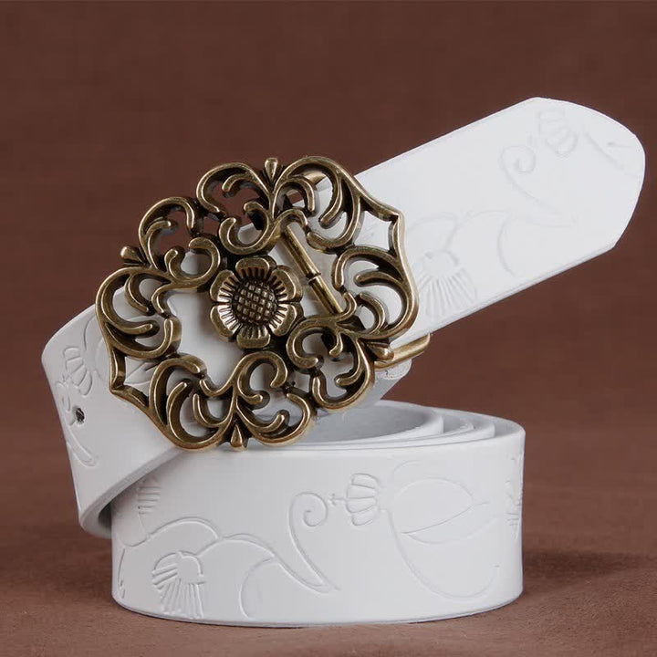 Cintura in pelle goffrata con fibbia cava a forma di fiore vintage da donna