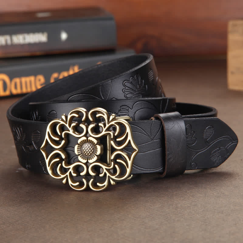 Cintura in pelle goffrata con fibbia cava a forma di fiore vintage da donna