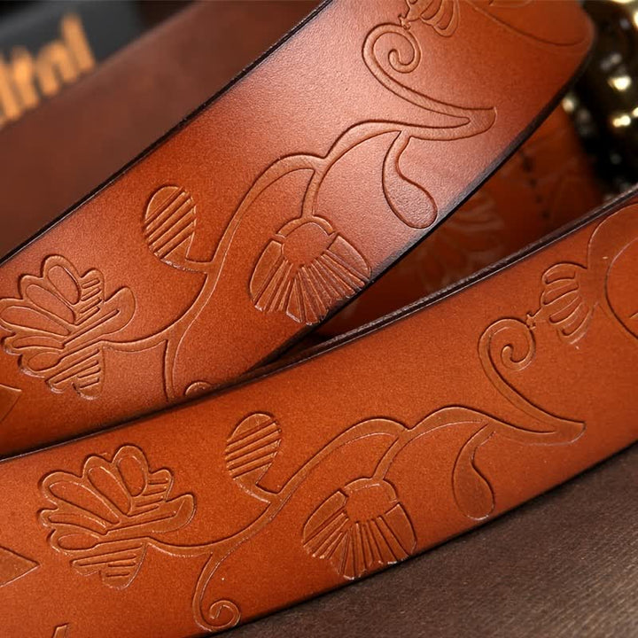 Cintura in pelle goffrata con fibbia cava a forma di fiore vintage da donna