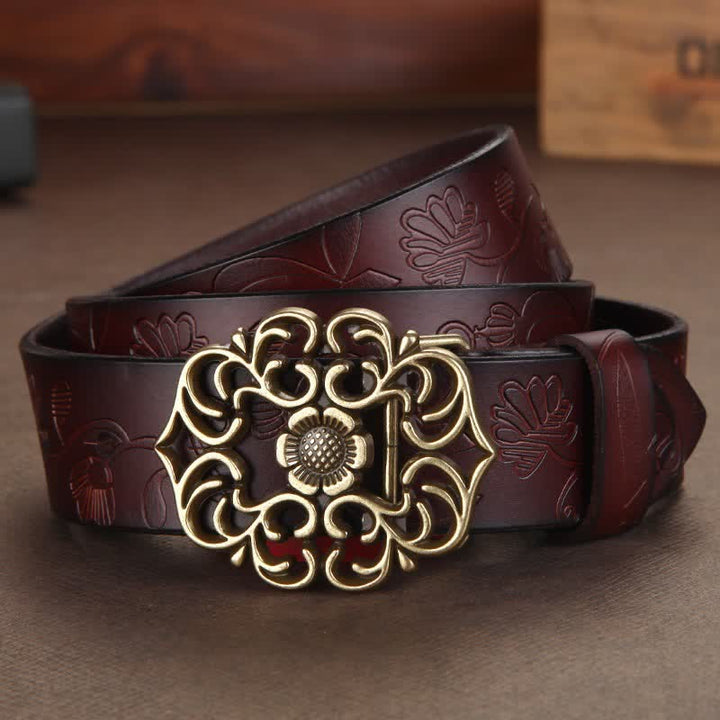 Cintura in pelle goffrata con fibbia cava a forma di fiore vintage da donna