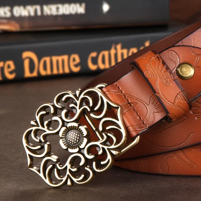 Cintura in pelle goffrata con fibbia cava a forma di fiore vintage da donna