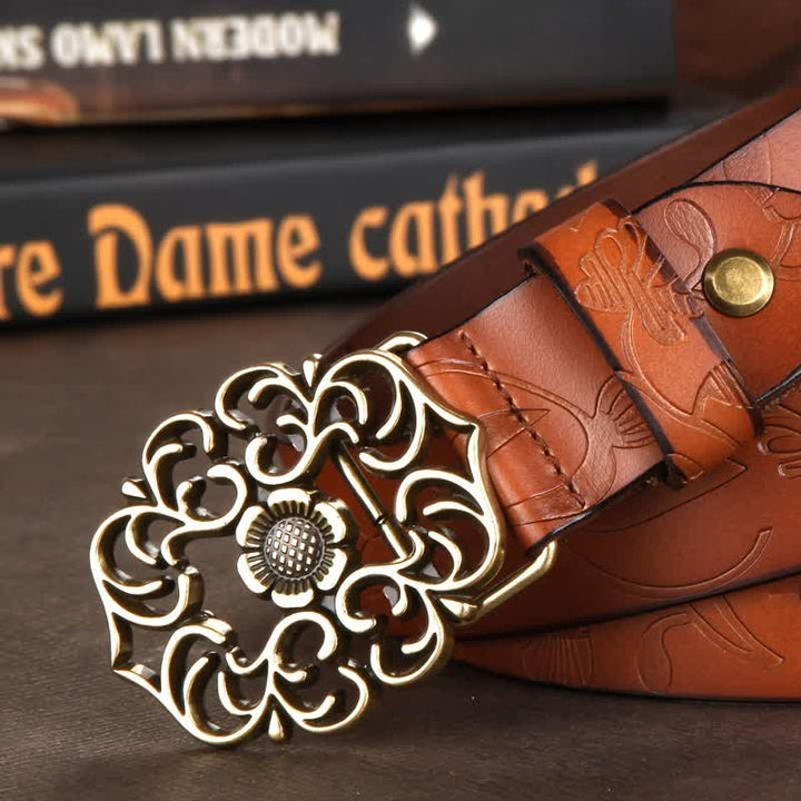 Cintura in pelle goffrata con fibbia cava a forma di fiore vintage da donna