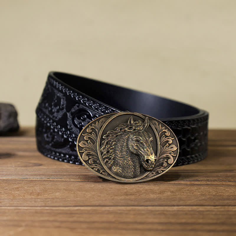 Cintura in pelle con fibbia a testa di cavallo fai da te da uomo - Bronzo antico - Cintura nera intagliata (40) - image 16