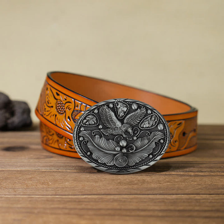 Cintura in pelle con fibbia in rilievo a forma di aquila e cavallo fai da te da uomo - Aquila e foglie - Cintura intagliata arancione (40) - image 25