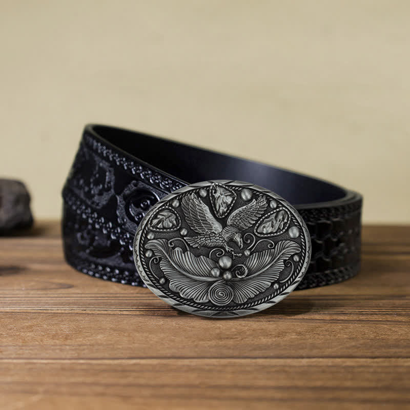 Cintura in pelle con fibbia in rilievo a forma di aquila e cavallo fai da te da uomo - Aquila e foglie - Cintura nera intagliata (40) - image 16