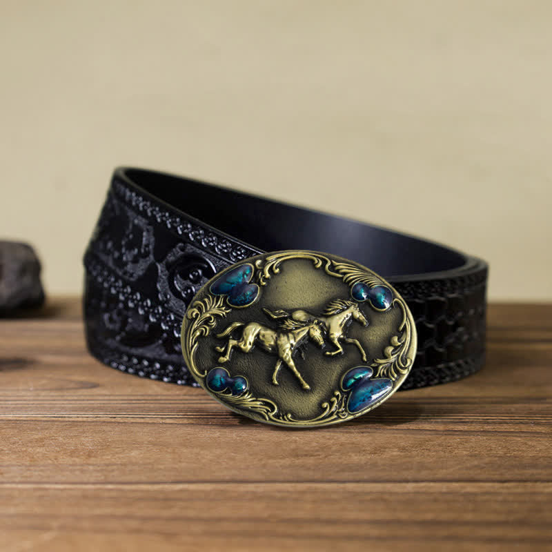 Cintura in pelle con fibbia in perline turchesi fai da te da uomo con cavalli da corsa - Bronzo antico - Cintura nera intagliata (40) - image 14