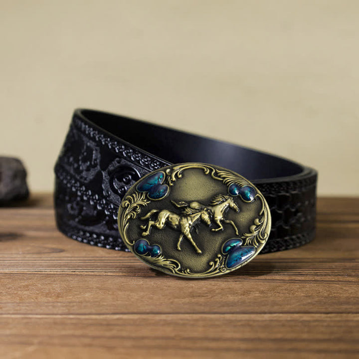Cintura in pelle con fibbia in perline turchesi fai da te da uomo con cavalli da corsa - Bronzo antico - Cintura nera intagliata (40) - image 14