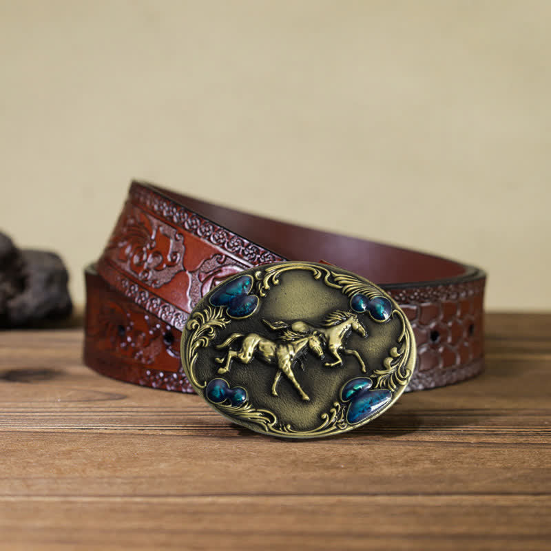 Cintura in pelle con fibbia in perline turchesi fai da te da uomo con cavalli da corsa - Bronzo antico - Cintura marrone intagliata (40) - image 17