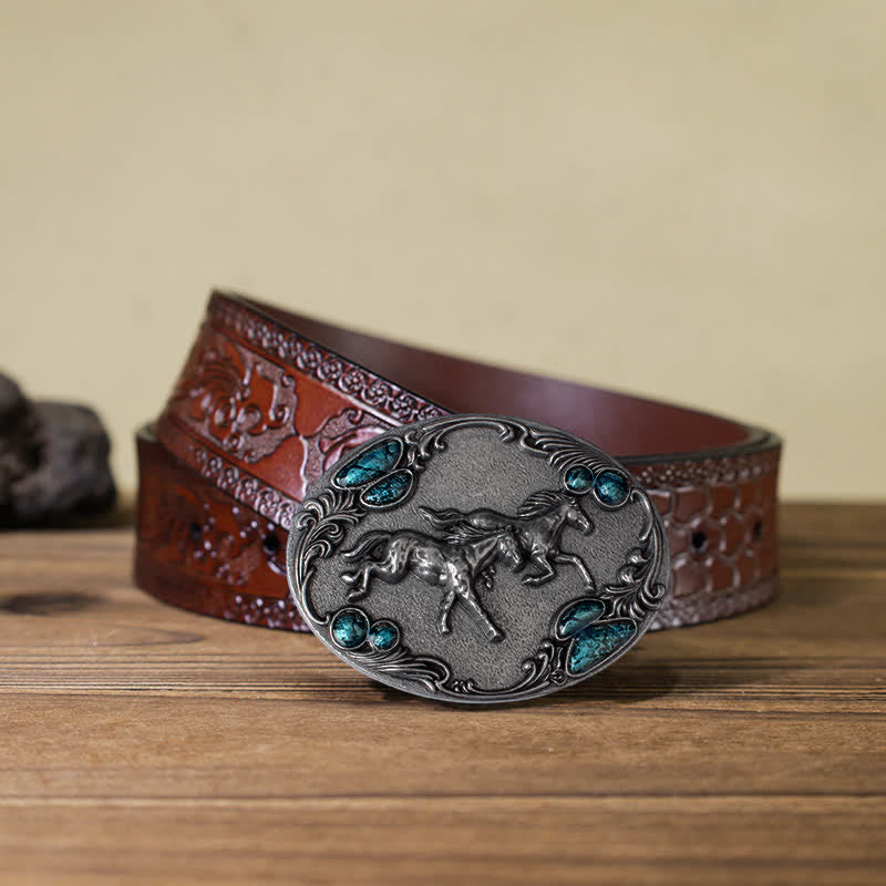 Cintura in pelle con fibbia in perline turchesi fai da te da uomo con cavalli da corsa - Argento antico - Cintura marrone intagliata (40) - image 16