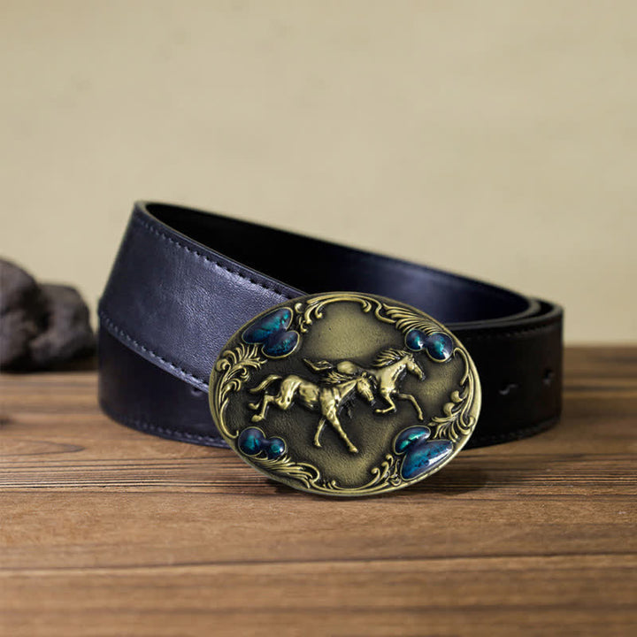 Cintura in pelle con fibbia in perline turchesi fai da te da uomo con cavalli da corsa - Bronzo antico - Cintura PU nera (40) - image 5