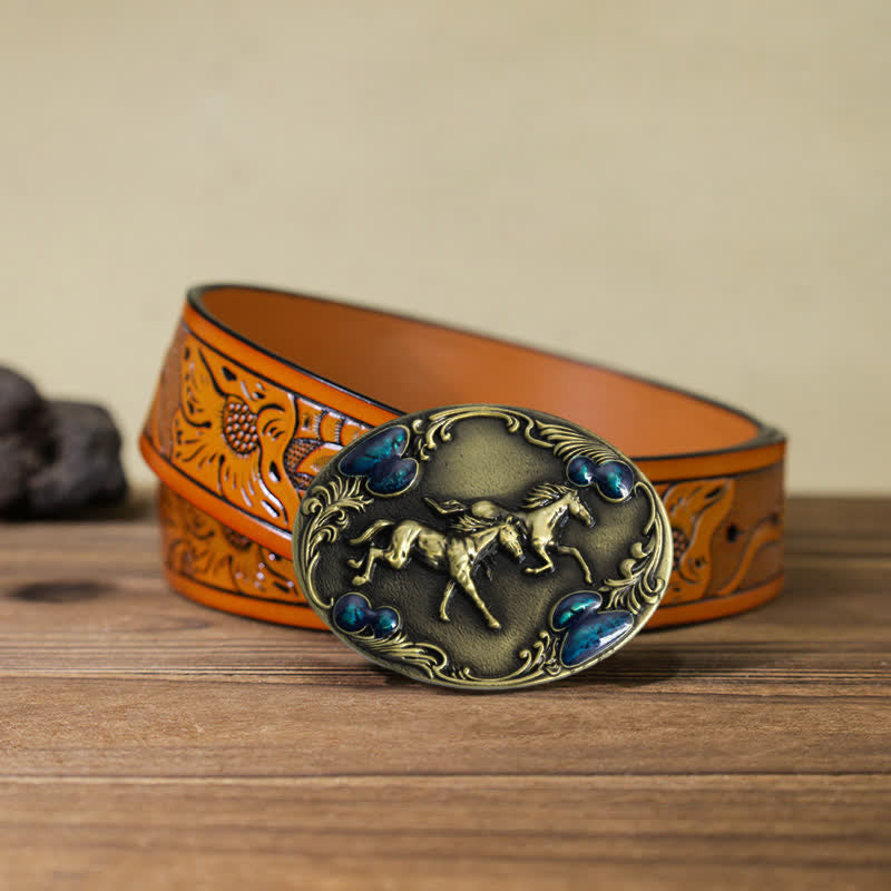 Cintura in pelle con fibbia in perline turchesi fai da te da uomo con cavalli da corsa - Bronzo antico - Cintura intagliata arancione (40) - image 23
