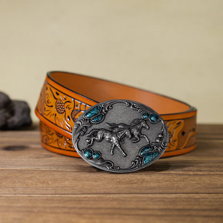 Cintura in pelle con fibbia in perline turchesi fai da te da uomo con cavalli da corsa - Argento antico - Cintura intagliata arancione (40) - image 22